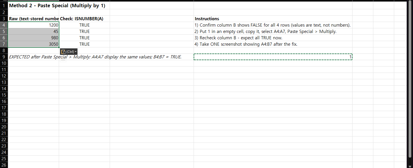 Excel Paste Special dialog with Multiply selected, converting text-stored numbers to real numbers