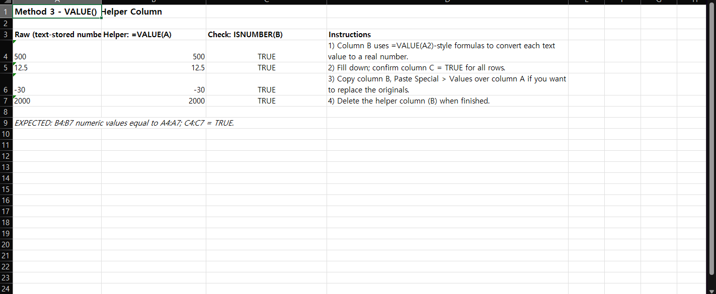 Excel helper column using the VALUE function to convert text-stored numbers